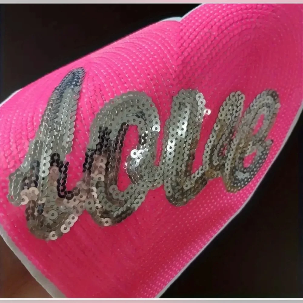Pink & Silver Sequined Love Heart Iron-On Textured Applique, Large, New